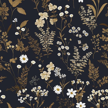 Laatse Dark Floral Wallpaper Peel and Stick 17.5in x 197in Vintage Navy Gold Leaf Wallpaper Vinyl Waterproof Self-Adhesive Dark Blue Botanical Wall Paper Mural for Bookcase Bedroom Cabinet Decor