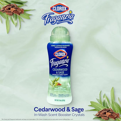 Clorox Fraganzia Laundry Scent Booster Crystals, In-Wash Fragrance Beads for Fresh-Smelling Clothes & Linens, Safe for All Fabrics & Colors, Cedarwood & Sage, 18 Oz, 2 Pack