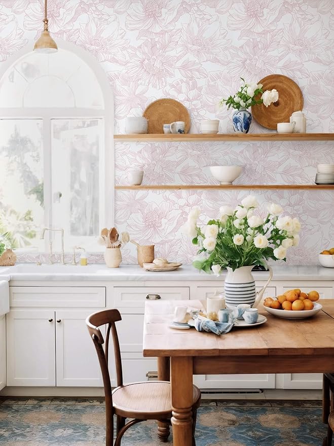 Ismoon Large Floral Peel and Stick Wallpaper Boho White/Pink Contact Paper 17.3inx6.5ft Removable Self Adhesive Bedroom Cabinet Mural Wall Decor Vinyl Roll
