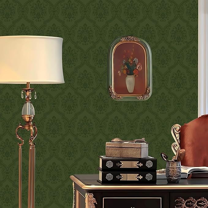 Dimoon 393"x16.1" Wallpaper Green Peel and Stick Removable Contact Paper Delicate Thicken Waterproof Retro Dark Green Self Adhesive Floral Wallpaper for Bedroom Shelf Liner Decal Vinyl Roll