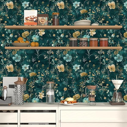 Vintage Floral Peel and Stick Wallpaper Boho Wallpaper 17.5''x393'' Teal/Blue/Yellow Wildflowers Vinyl Contact Paper Waterproof Self Adhesive Modern Stick on Wall Paper for Bedroom Wall Table Cabinet