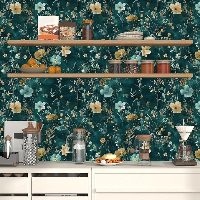 Laatse Teal/Blue/Yellow Floral Peel and Stick Wallpaper Boho Wallpaper 17.5"x118" Vintage Wildflowers Contact Paper Waterproof Self Adhesive Modern Stick on Wall Paper for Bedroom Walls Table Cabinet