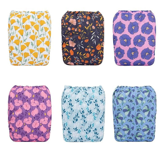 babygoal Reusable Cloth Diapers 6 Pack+6pcs Inserts+Wet Bag, One Size Adjustable Washable Pocket Nappy Covers for Baby Girls and Boys-Rash Free