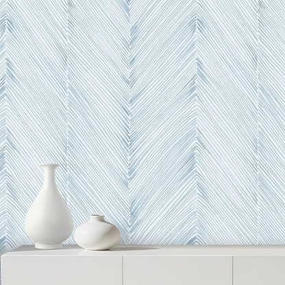 Modern Peel and Stick Wallpaper A Set of 17.3"x480" Grey Blue Herringbone Striped Wall Paper Boho Self-Adhesive Removable Contact Paper for Cabinets Bathroom Bedroom Wall Decor