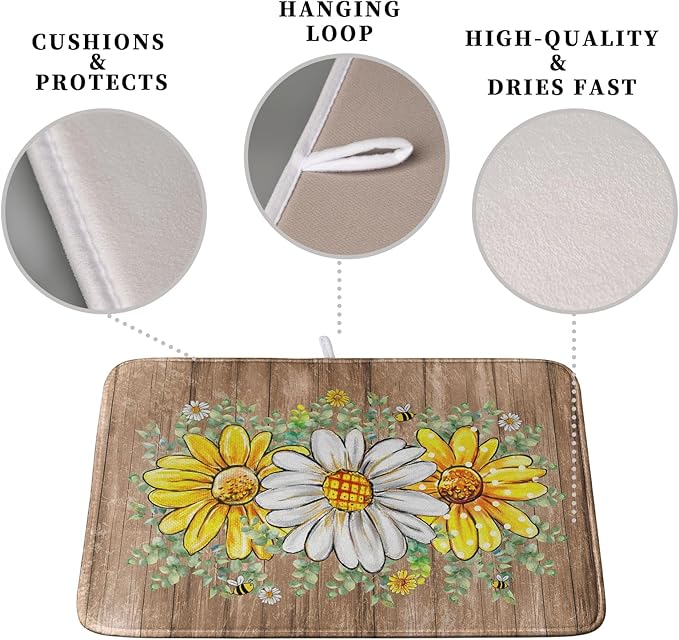 Rustic Daisy Floral Dish Drying Mat for Kitchen Counter Spring Summer Sunflower Dish Drying Mat Bee Absorbent Microfiber Dish Mat Reversible Dish Drainer Rack Mat Large 18x24 Inch