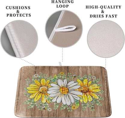 Rustic Daisy Floral Dish Drying Mat for Kitchen Counter Spring Summer Sunflower Dish Drying Mat Bee Absorbent Microfiber Dish Mat Reversible Dish Drainer Rack Mat 16x18 Inch