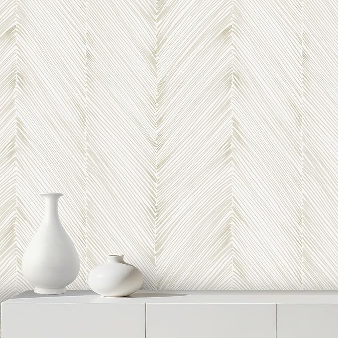 Modern Peel and Stick Wallpaper A Set of 17.3"x480" Beige Herringbone Striped Wall Paper Boho Self-Adhesive Removable Contact Paper for Cabinets Bathroom Bedroom Wall Decor