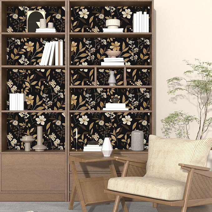 Fvlow Black Floral Wallpaper Peel and Stick Gold Leaf Contact Paper 17.4" x 118" Boho Wallpaper Waterproof Self Adhesive Wall Covering for Bedroom Countertop Desk Cabinets Decor