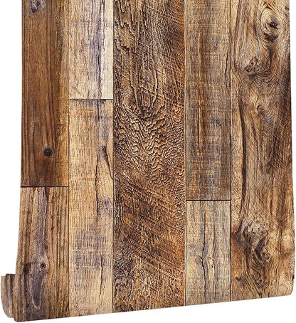 Yun-aeon Brown Wood Peel and Stick Wallpaper 17.3" X 1200"Coffee Brown PVC Self Adhesive Wood Wall Peel and Stick Paper for Wall Covering Furniture Countertop Kitchen Christmas DIY