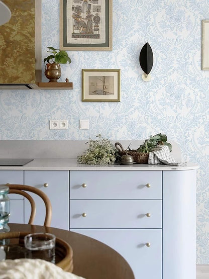 Ismoon Peel and Stick Wallpaper Vintage Floral Contact Paper Boho Watercolor Blue Damask Wallpaper Textured Removable Self Adhesive Vinyl Wall Paper for Bedroom, 17.3inx16.4ft
