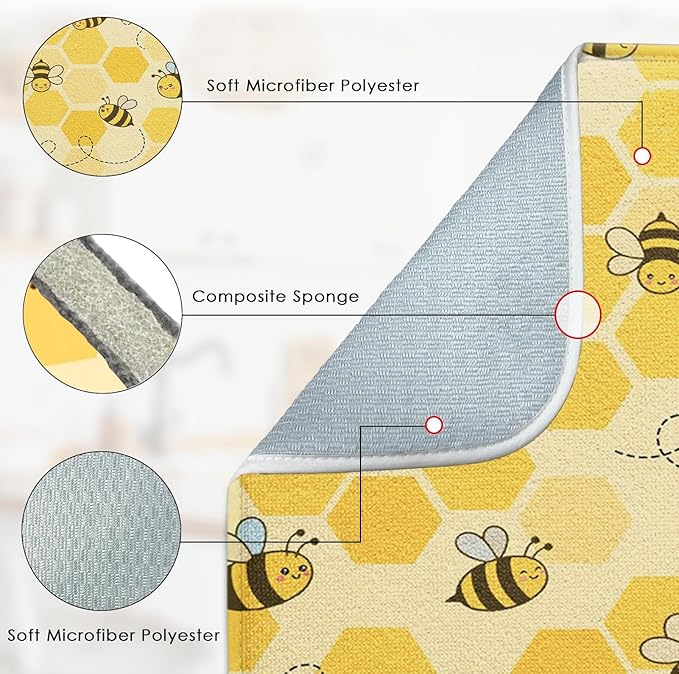 Sanwarm Absorbent Dish Drying Mat, Honey Baby Cute Yellow Bees Microfiber Pad for Kitchen Counter, Coffee Bar Decor, Heat Resistant and Reversible, 16" x 18"