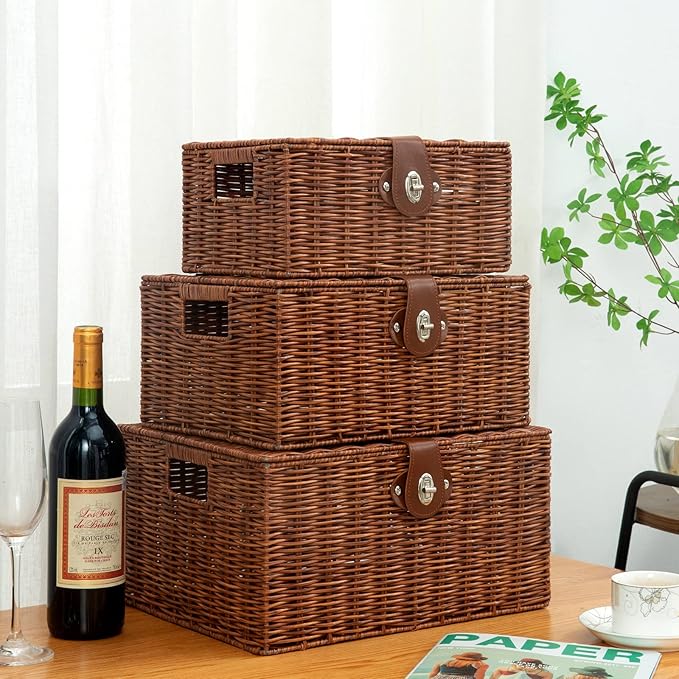 Set of 3 Woven Wicker Storage Basket Box with Lids & Lock, Built-in Carry Handles, Multifunctional Storage Organizer for Nursery, Baby, Clothes, Toys, Books, Large/Medium/Small Size (Natural)