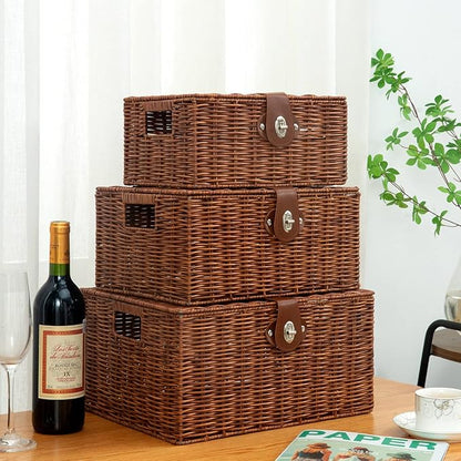 Set of 3 Woven Wicker Storage Basket Box with Lids & Lock, Built-in Carry Handles, Multifunctional Storage Organizer for Nursery, Baby, Clothes, Toys, Books, Large/Medium/Small Size (Natural)