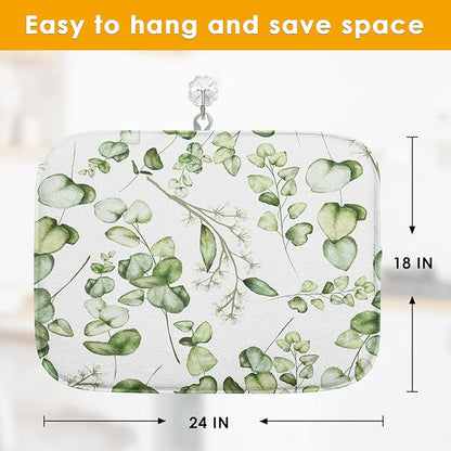 Sanwarm Absorbent Dish Drying Mat, Vintage Summer Eucalyptus Leaves Flower Microfiber Pad for Kitchen Counter, Coffee Bar Decor, Heat Resistant and Reversible, 18" x 24"