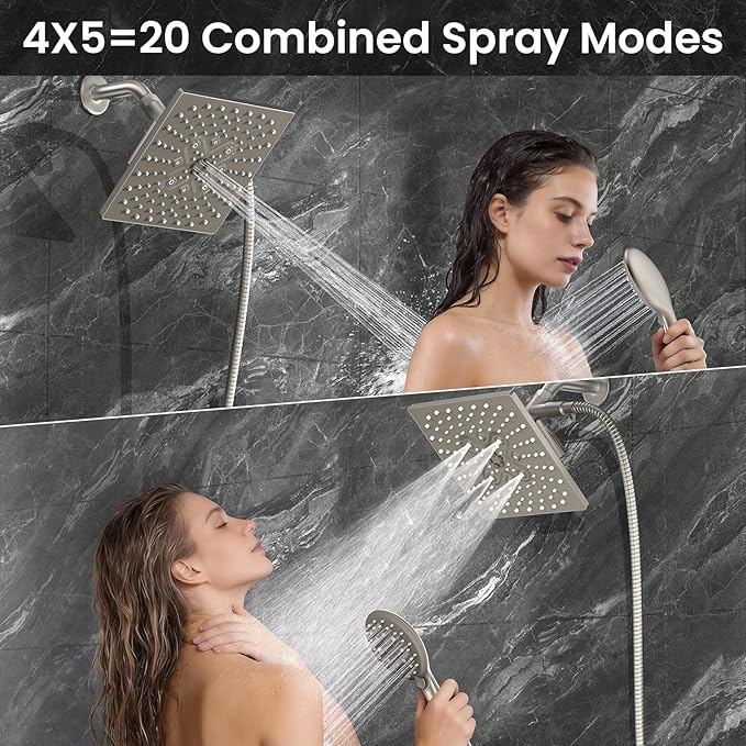 Veken High Pressure Rain Shower Head with Multi-Functions, Square Rainfall Shower Heads with 5-Mode Handheld Spray Combo, Detachable Hand Held Showerhead with Hose, Double Regaderas Para,Starlight