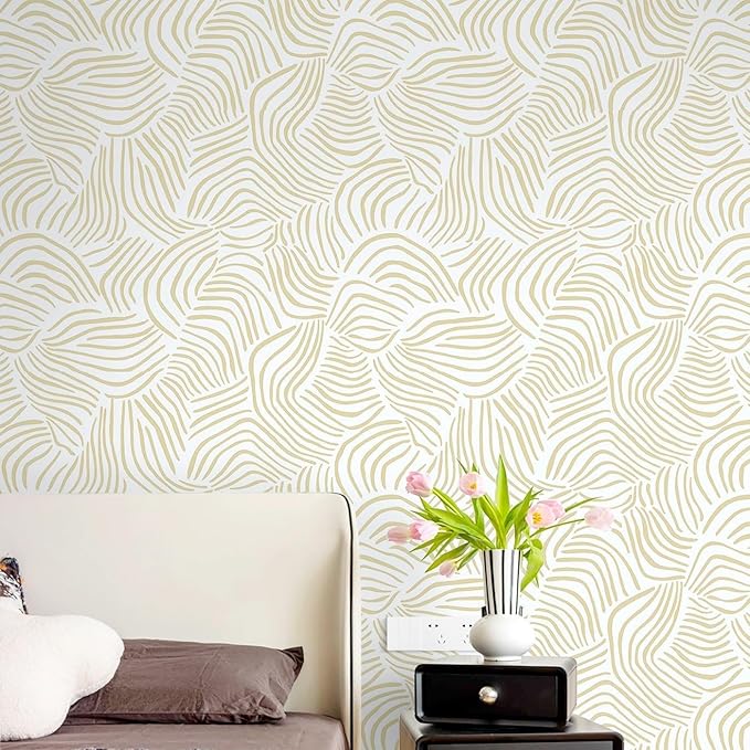 Dimoon 177" ｘ17.3 Modern Peel and Stick Wallpaper Boho Contact Paper White Brown Geometric Wallpaper Striped Removable Self Adhesive Wallpaper for Countertops Bedroom Shelf Liner Waterproof Vinyl