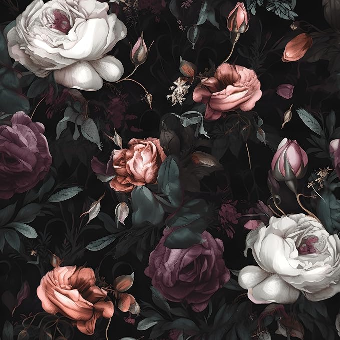 Laatse Dark Floral Peel and Stick Wallpaper Vintage Floral Contact Paper Waterproof Self Adhesive Boho Decor Black Rose Wall Paper for Bedroom Walls Bookcase Drawers 17.5in x 6.5ft