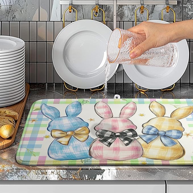 Easter Drying Mat for Kitchen Counter 18x24 Inch Spring Cute Bunny Dish Drying Mats Colorful Buffalo Plaid Rabbits Drying Pad Microfiber Absorbent Dish Drainer Rack Mat Easter Kitchen Accessories