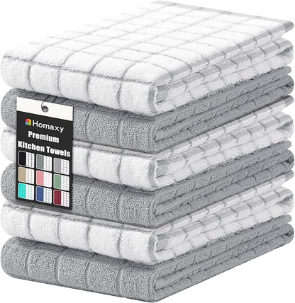 Homaxy Premium Cotton Kitchen Towels 16"x 28", Large Natural Ring Spun 390 GSM Dish Towels, Super Absorbent Terry Kitchen Hand Towels, Soft Tea Towels with Hanging Loop, Light Grey Check, 6 Pack