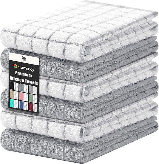 Homaxy Premium Cotton Kitchen Towels 16"x 28", Large Natural Ring Spun 390 GSM Dish Towels, Super Absorbent Terry Kitchen Hand Towels, Soft Tea Towels with Hanging Loop, Light Grey Check, 6 Pack