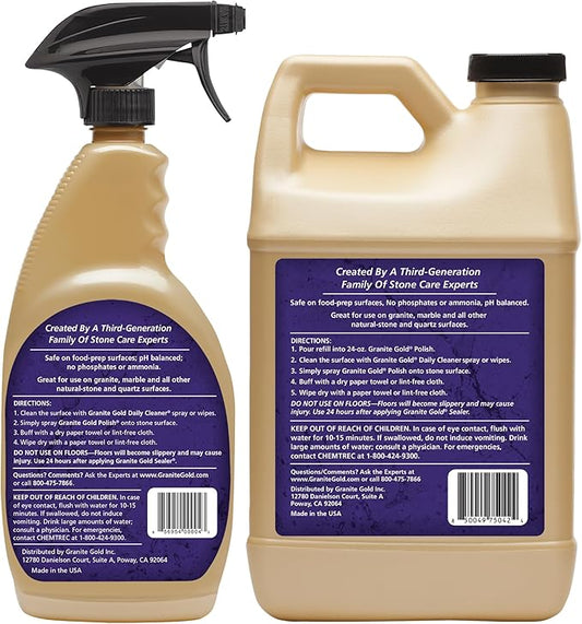 Granite Gold Polish Spray, Streak-Free Shine for Granite, Quartz, Marble, Travertine, Natural Stone Countertops, 64 Fluid Ounces and 24 Fluid Ounces