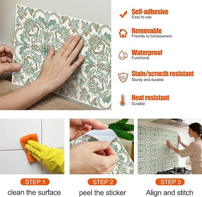 Vintage Retro Tile Stickers - 10 pcs 20cm/7.87inch Embossed Moroccan Pattern Peel & Stick Wall Tiles, 3D Textured PVC Waterproof Backsplash for Kitchen, Bathroom, Laundry Room Decor