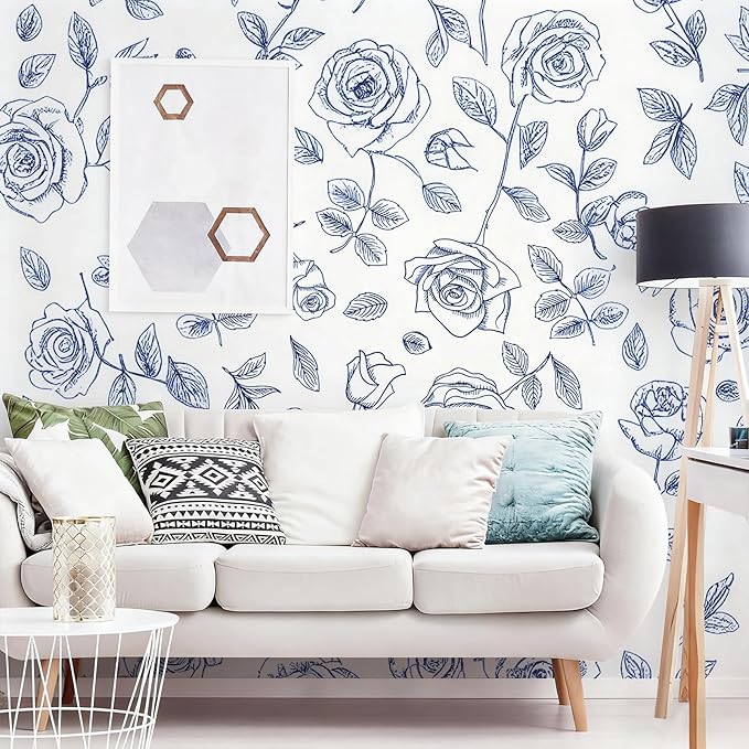 Timeet 17.7In ×78.7In Peel and Stick Wallpaper, Blue and White Floral Peel and Stick Wallpaper Boho Contact Paper Removable Self Adhesive Bedroom Cabinet Mural Wall Decor Vinyl Roll