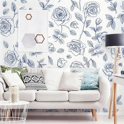 Timeet 17.7In ×78.7In Peel and Stick Wallpaper, Blue and White Floral Peel and Stick Wallpaper Boho Contact Paper Removable Self Adhesive Bedroom Cabinet Mural Wall Decor Vinyl Roll