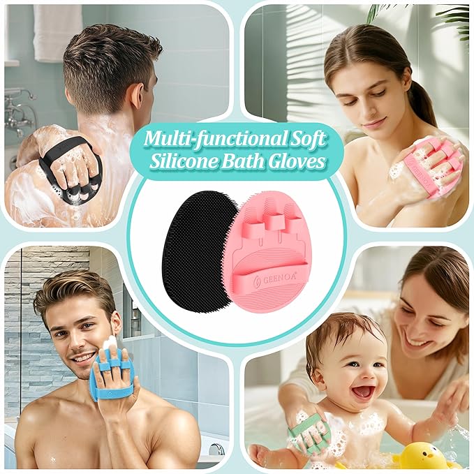 Upgrade Silicone Body Scrubber with Straps, 360° Anti-Slip & Enlarged Exfoliating Shower Scrubber for Rich Foaming Deep Cleaning, No-Grip & Hand-fit Bath Glove for All Skin Types(Black+Pink)