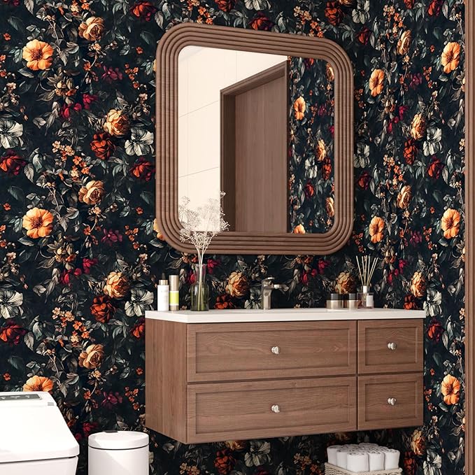Vintage Floarl Wallpaper Peel and Stick, Black Dark Moody Garden Flower Self Adhesive Removable Wallpapers for Bedroom Powder Room Cabinet, Vinyl Witchy Contact Paper Wall Art 17.5In x 118In