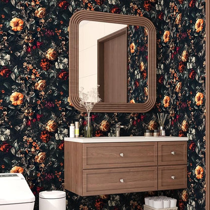 Vintage Floarl Wallpaper Peel and Stick, Black Dark Moody Garden Flower Self Adhesive Removable Wallpapers for Bedroom Powder Room Cabinet, Vinyl Witchy Contact Paper Wall Art 17.5In x 118In