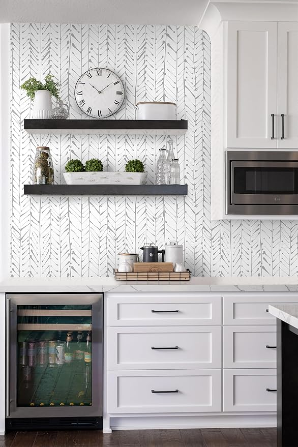 Guvana 16.14"x197" Herringbone Striped Wallpaper Grey and White Modern Contact Paper Self Adhesive Wall Paper Waterproof Removable Wallpaper for Livingroom Bathroom Decor