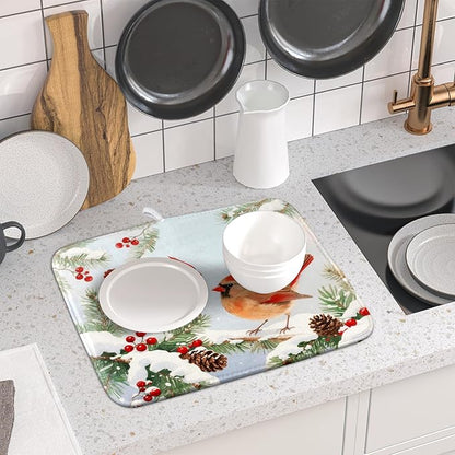 Winter Cardinal Bird Dish Drying Mat for Kitchen Counter 16x18 Christmas Snow Scene Theme Seasonal Absorbent Reversible Microfiber Drying Mats Kitchen Countertop Protector Dishes Drainer Pad