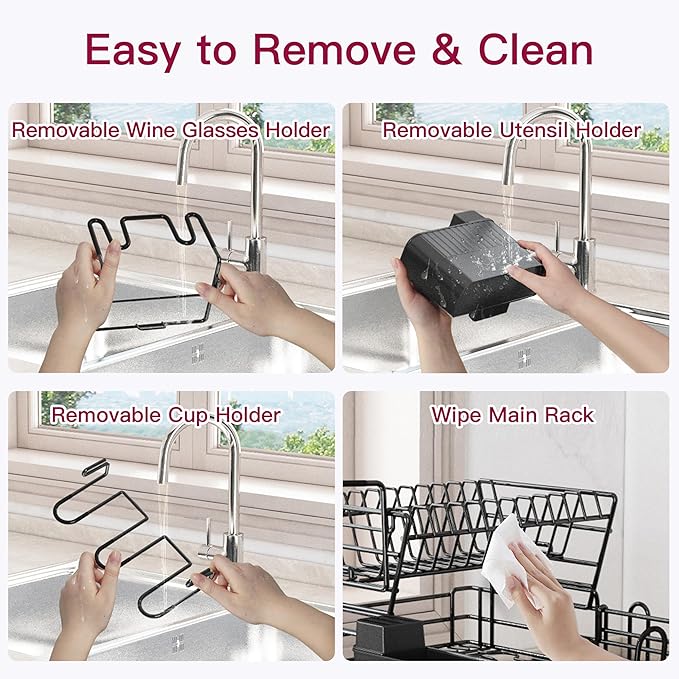 BOOSINY 2 Tier Black Large Stainless Steel Dish Drainers Drying Rack for Kitchen Counter with Drainboard, Rust Proof Metal, Space Saving, Modern Aesthetic, Compact Plates Strainers with Extra Mat
