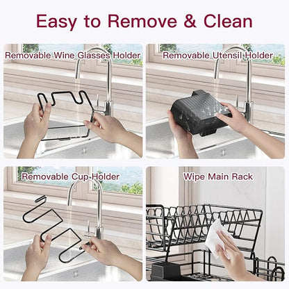 BOOSINY 2 Tier Black Large Stainless Steel Dish Drainers Drying Rack for Kitchen Counter with Drainboard, Rust Proof Metal, Space Saving, Modern Aesthetic, Compact Plates Strainers with Extra Mat