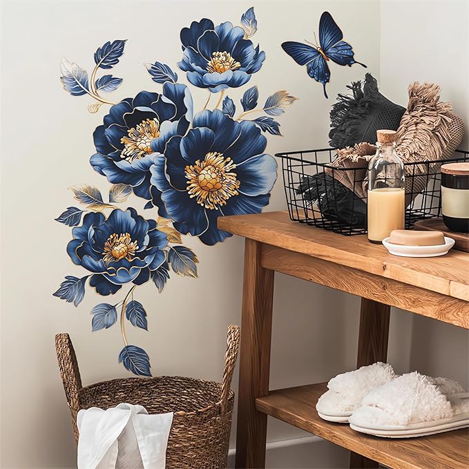 Gorgeous Blue Peony Rose Flower Wall Stickers, sacinora Butterfly Floral Art 3D Wall Decals Removable Vinyl Peel and Stick for Bedroom Study Room Bathroom Home Decorations
