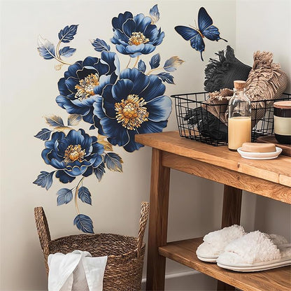 Gorgeous Blue Peony Rose Flower Wall Stickers, sacinora Butterfly Floral Art 3D Wall Decals Removable Vinyl Peel and Stick for Bedroom Study Room Bathroom Home Decorations