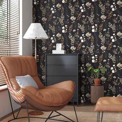 Fvlow Vintage Black Floral Self Adhesive Shelf Liner Wallpaper 17.4" x 78", Retro Brown Gold Leaf Design Wall Paper Contact Paper Waterproof Wall Covering for Countertop Desk Cabinets Drawer Liner