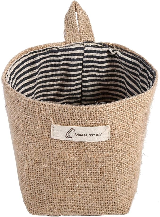 Small Hanging Basket Cotton Linen Laundry Hamper Bag, Cotton Linen Hamper Hanging Clothes Bag for Home Gadget Storage Organizer Foldable Basket Bin(Blue Stripe)