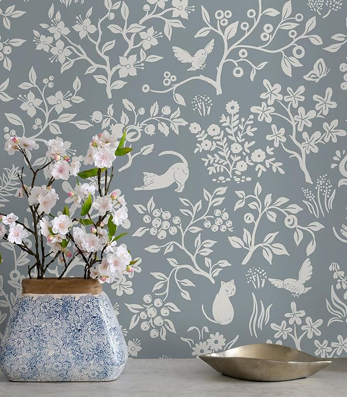 Timeet Peel and Stick Wallpaper Grey Floral Wallpaper 16.14"x118.11" Cats/Birds/Trees Contact Paper Modern Flower Wall Paper Self Adhesive Removable for Walls Covering