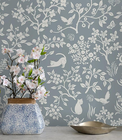 Timeet Peel and Stick Wallpaper Grey Floral Wallpaper 16.14"x118.11" Cats/Birds/Trees Contact Paper Modern Flower Wall Paper Self Adhesive Removable for Walls Covering