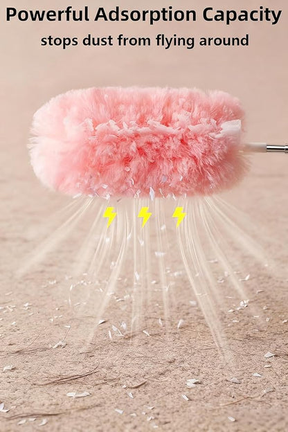 Heavy Duty Duster Refills, Disposable Dusters Kit for Cleaning Dusting Furniture Blind Ceiling Fan, Multi Surface 360 Feather Duster(10)+3FT Extended Handle（1） (Pink)