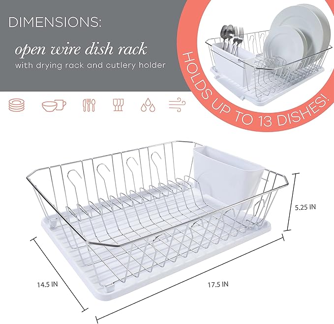 Kitchen Details 3 Piece Dish Rack | Drying Rack, Cutlery Basket & Drainboard Tray | Countertop | Self Draining | Open Wire Design | Chrome | White