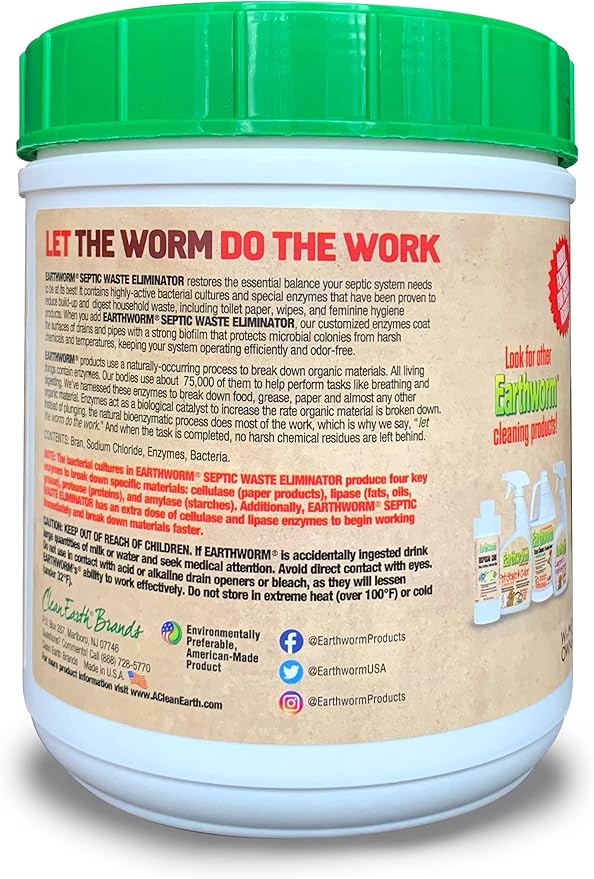Earthworm Septic Waste Eliminator - 2lb Powder for Cleaning Septic Tanks and Drains, Added Lipase to Dissolve Fats, Added Cellulase to Break Down Paper, Cleans System with No Caustic Chemicals