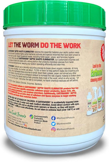 Earthworm Septic Waste Eliminator - 2lb Powder for Cleaning Septic Tanks and Drains, Added Lipase to Dissolve Fats, Added Cellulase to Break Down Paper, Cleans System with No Caustic Chemicals