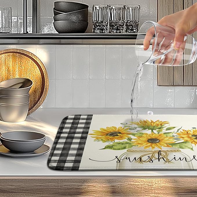 Summer Sunflower Dish Drying Mats for Kitchen Counter Spring Sunshine Kitchen Dishes Dryer Pad Flowers Absorbent Dish Mat Microfiber Washable Foldable Reusable Large 18x24 in