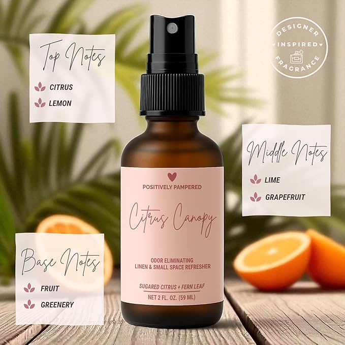 Citrus Canopy Luxury Small Space Air & Linen Refresher - Sugared Citrus + Fern Leaf - Designer-Inspired Home Fragrance - Non Toxic Room Spray + Odor Eliminator - 2 oz Travel Size