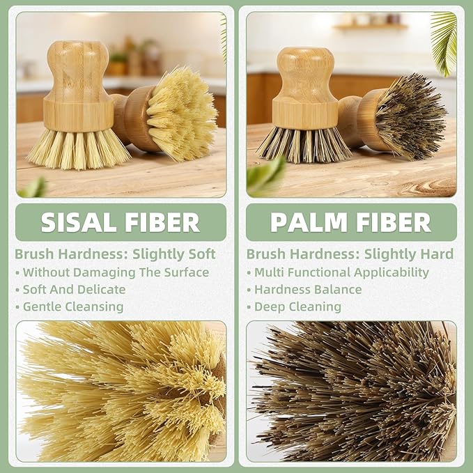 6 Pack Bamboo Dish Brush Set with Palm and Sisal Bristles, Natural Dish Scrubber for Fruit & Vegetables Cleaning, Kitchen Scrub Brush for Cast Iron Pots, Pans, Dishes