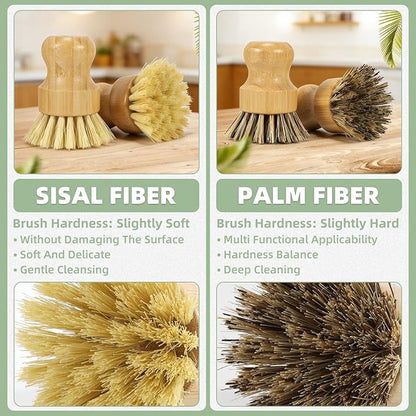 6 Pack Bamboo Dish Brush Set with Palm and Sisal Bristles, Natural Dish Scrubber for Fruit & Vegetables Cleaning, Kitchen Scrub Brush for Cast Iron Pots, Pans, Dishes