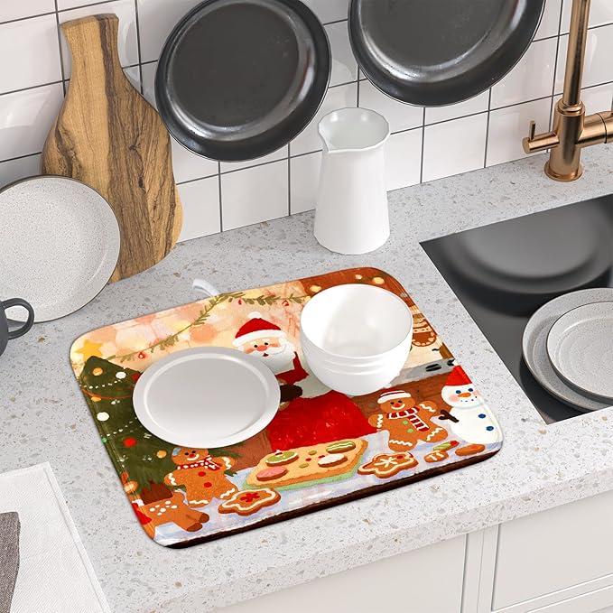 Christmas Dish Drying Mat for Kitchen Counter 16x18 Santa Claus Gingerbread Winter Xmas Holiday Themed Absorbent Reversible Microfiber Drying Mats Kitchen Countertop Protector Dishes Drainer Rack Pad